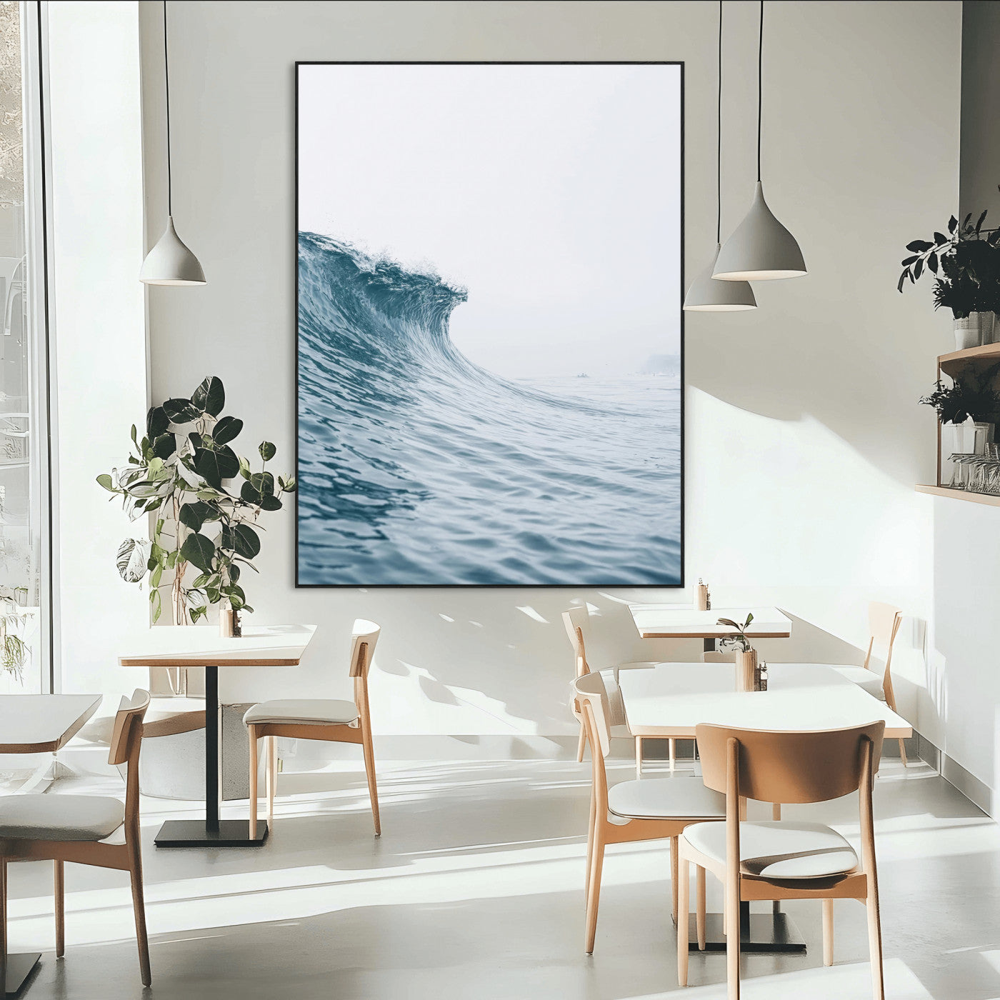 A single ocean wave curling in soft blue tones under a misty sky, ideal for coastal or minimalist home wall decor.