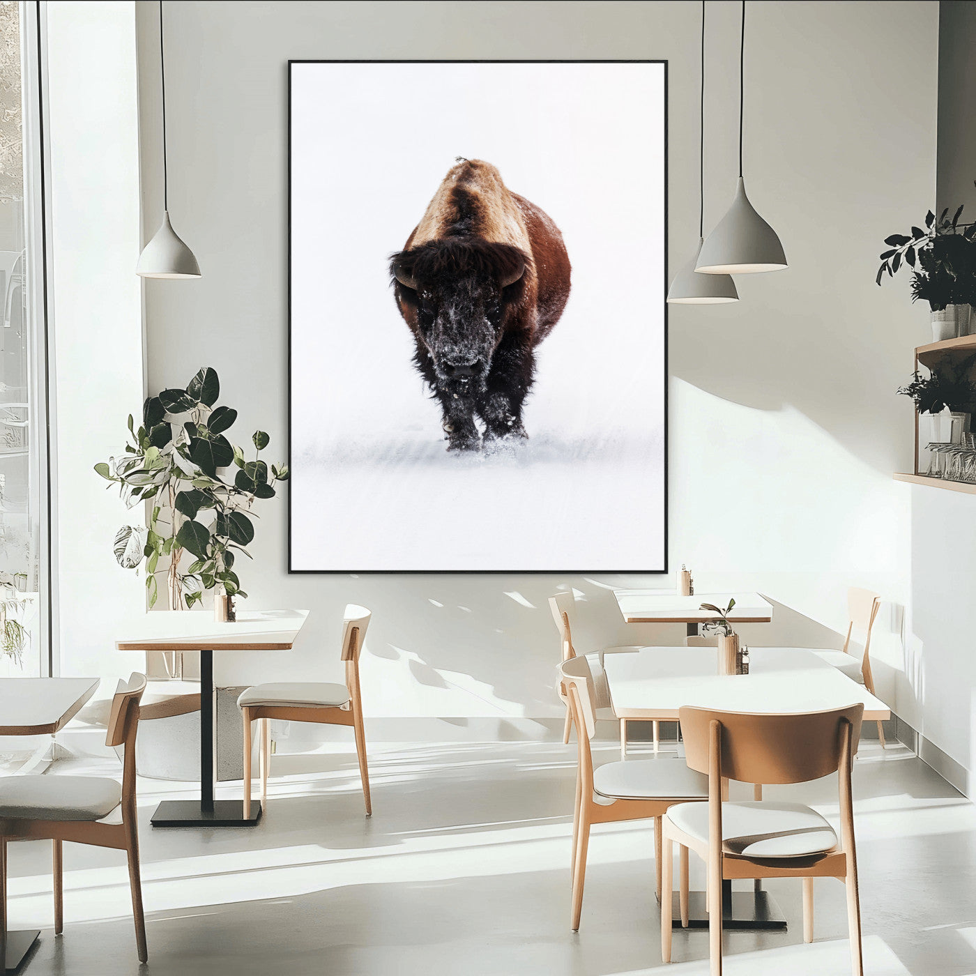 Front view of a strong bison walking in deep snow, isolated white background, perfect for rustic or lodge-style home decor.
