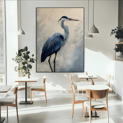 Blue heron standing gracefully on one leg, painted in soft neutrals and cool tones, perfect for modern coastal or nature-inspired decor.