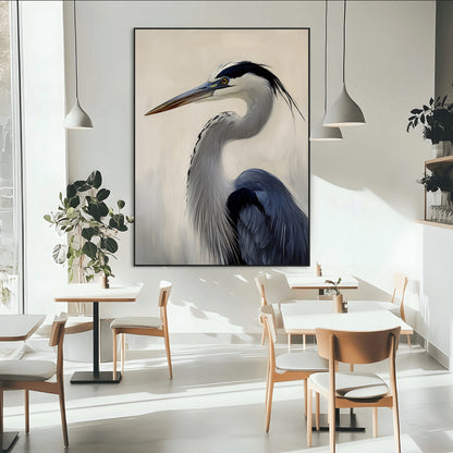 Single blue heron in profile with soft feathers and neutral tones, ideal for tranquil, coastal or nature-inspired interior settings.