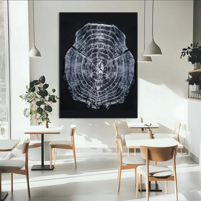 Monochrome tree ring cross-section on black background, showing detailed growth lines, perfect for modern rustic or minimalist interiors. (