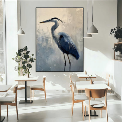 Elegant heron bird standing tall with soft brushstroke texture and muted tones, perfect for coastal or nature-themed home decor.