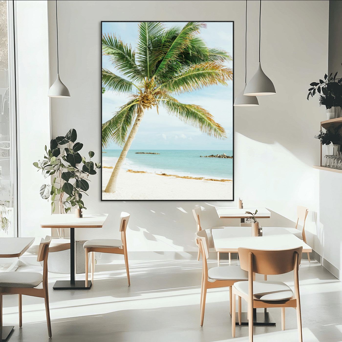 A tall palm tree leaning over a white sandy beach with turquoise ocean waves, creating a peaceful and tropical coastal scene.
