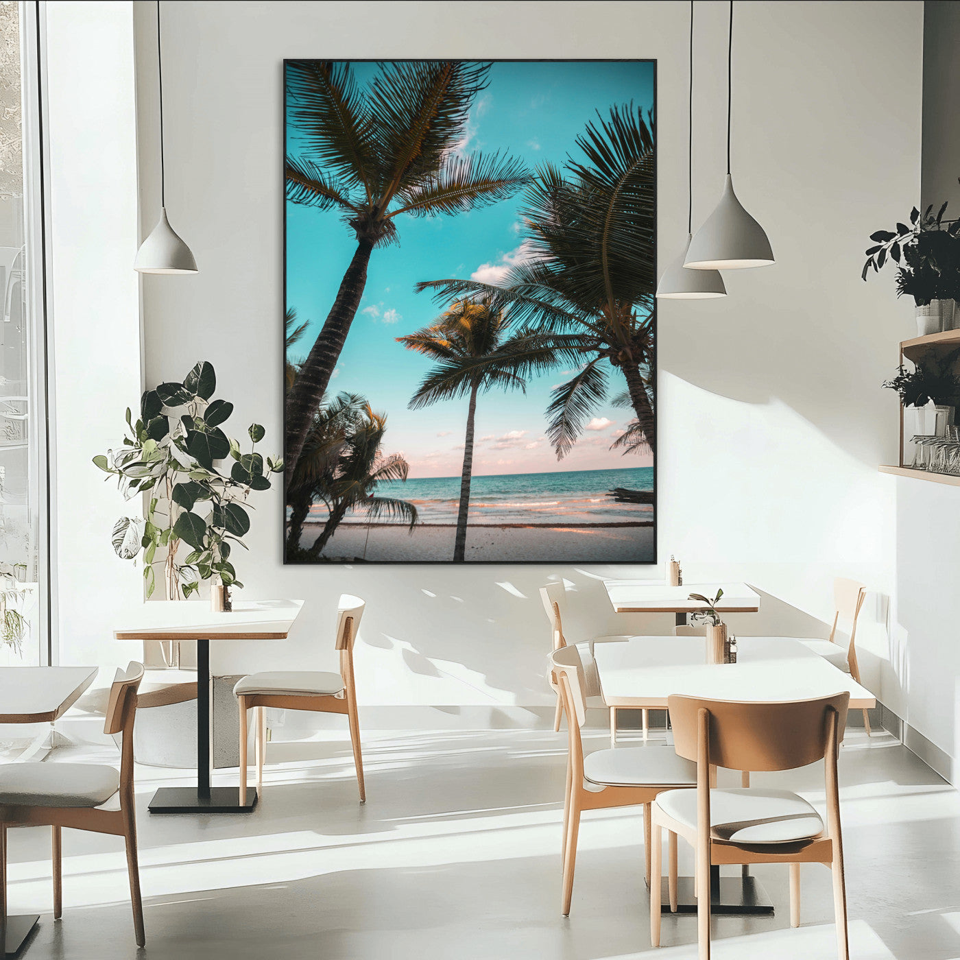 Tall palm trees swaying over a tropical beach with turquoise ocean waves and a soft sunset glow, creating a relaxing coastal vibe.