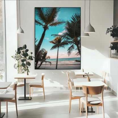 Tall palm trees swaying over a tropical beach with turquoise ocean waves and a soft sunset glow, creating a relaxing coastal vibe.