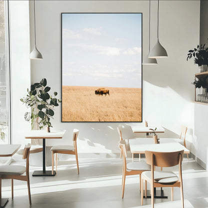 Minimalist Nature Wall Art Canvas Print, Framed Bison In Grassland Art Picture Print, Open Field Perfect Modern Ranch Decor Decor Artwork