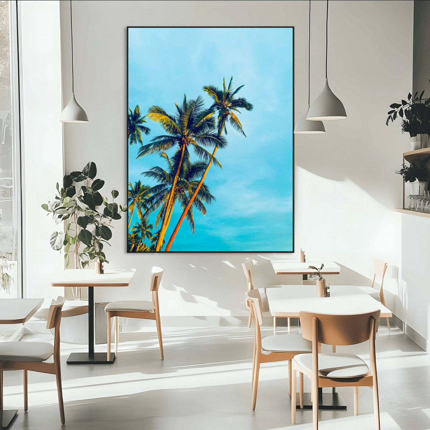 "Tall palm trees with golden sunlight against a vibrant blue sky, creating a tropical, relaxing atmosphere for coastal and beach-themed decor.