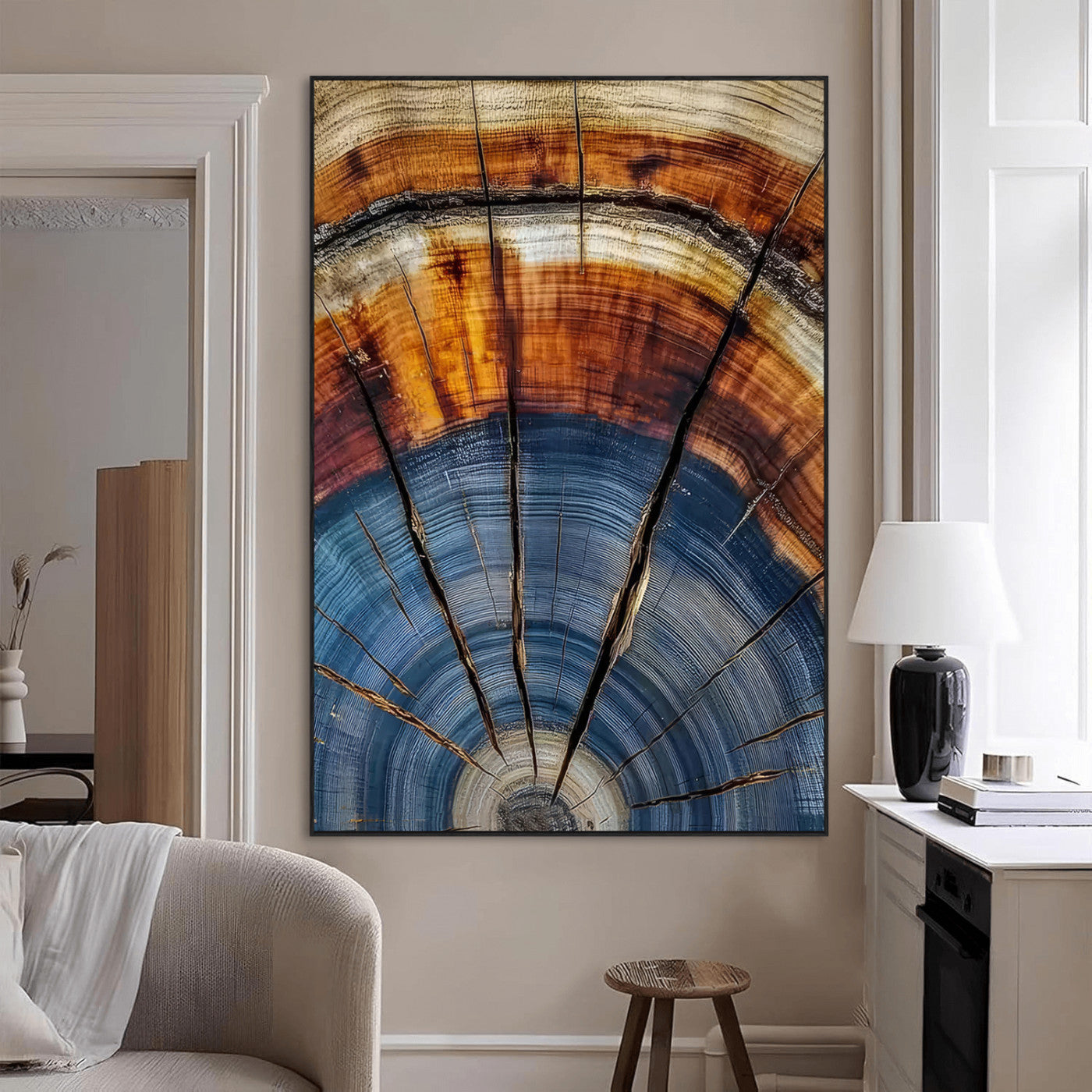Canvas of a tree ring with bold blue and orange hues and cracked radial lines, ideal for rustic or earthy modern interiors.
