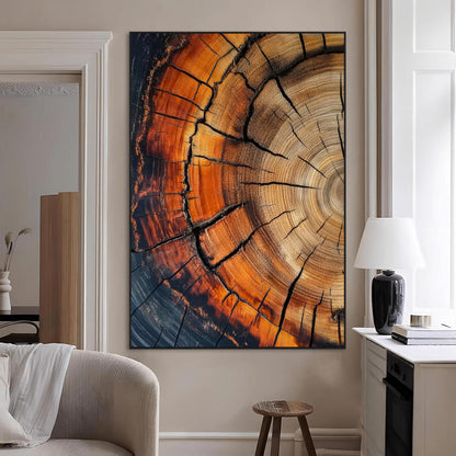 Canvas of a cracked tree ring with warm burnt orange tones and dark edges, ideal for rustic or earthy home decor themes.