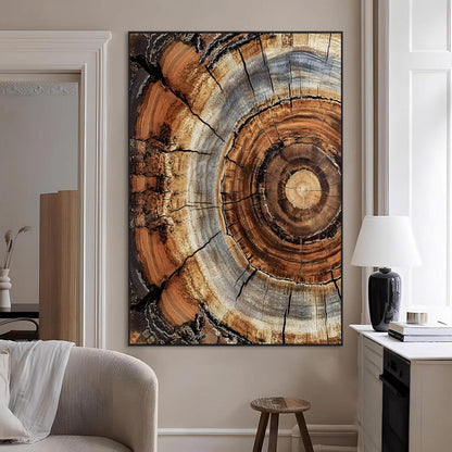 Canvas of tree rings and natural wood grain in earthy tones, ideal for rustic or vintage-inspired home decor with organic textures.