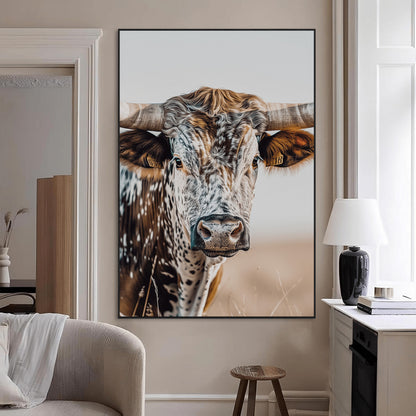 Canvas of a speckled Texas longhorn with wide curved horns and warm tones, perfect for rustic or country-style wall decor.