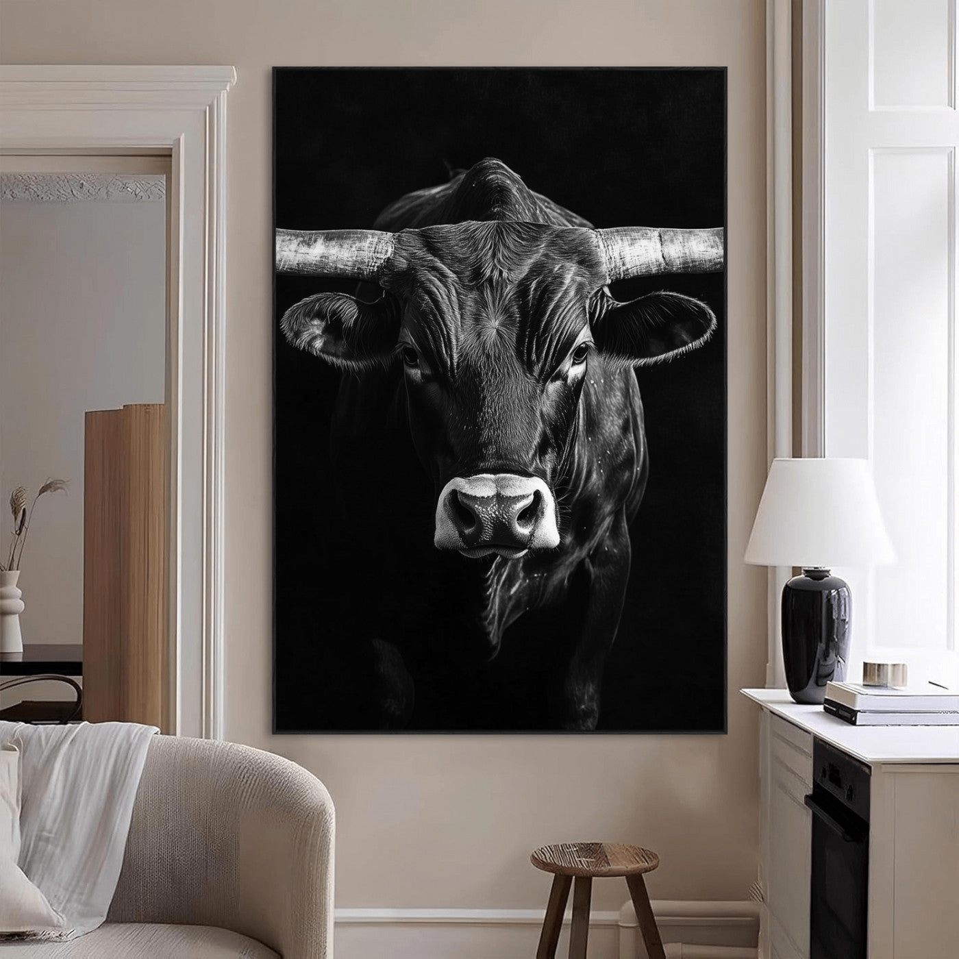 Canvas of a Texas longhorn in black and white with dramatic lighting and bold contrast, ideal for rustic or modern western wall decor.