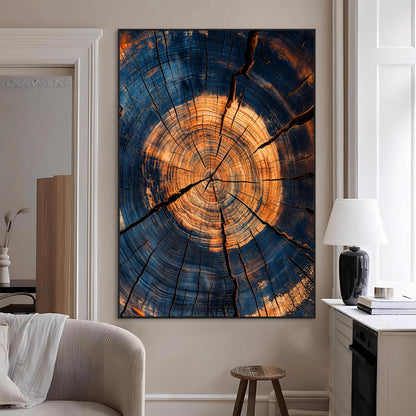 Close-up canvas of tree rings with burnt orange and deep blue tones, perfect for rustic or earthy-themed home decor.