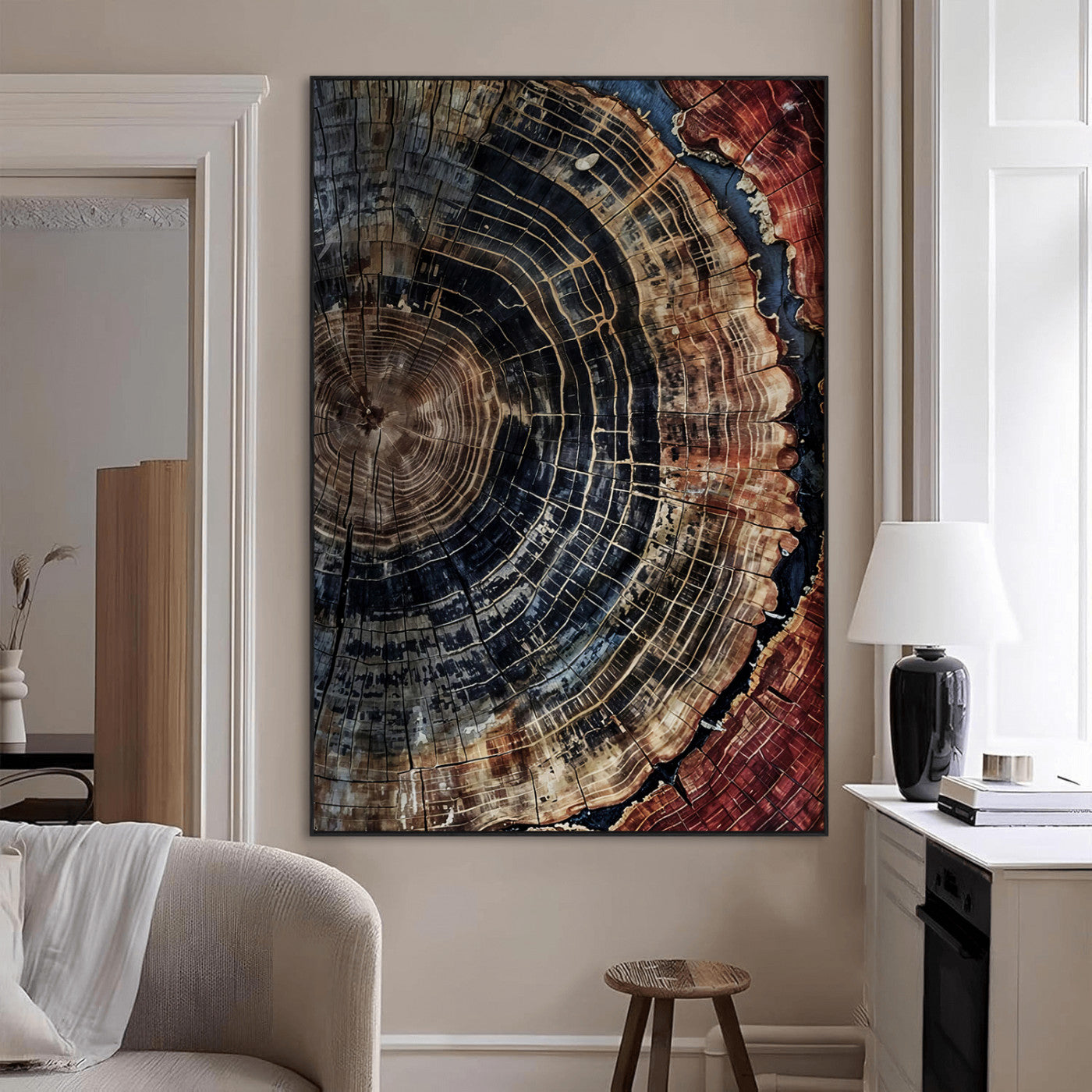 Rustic canvas featuring detailed tree rings and dark earthy tones, ideal for moody wood or organic nature-inspired home decor.