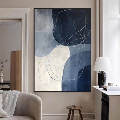 Contemporary abstract canvas with navy, grey, and white curved forms and fine line details, ideal for minimalist or modern interiors.