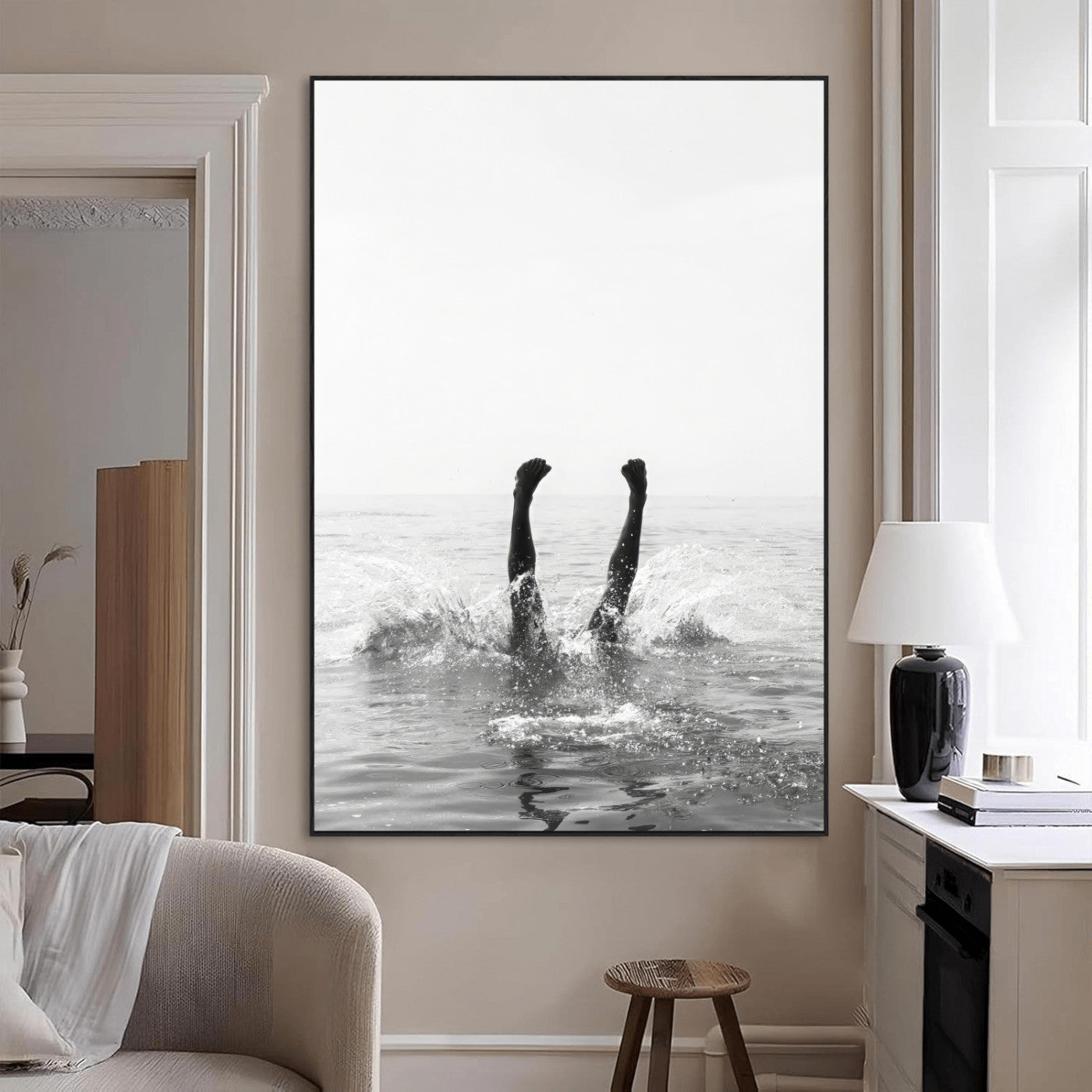 Black and white ocean art featuring a swimmer's legs mid-splash, perfect for minimalist, coastal, or monochrome modern interiors.