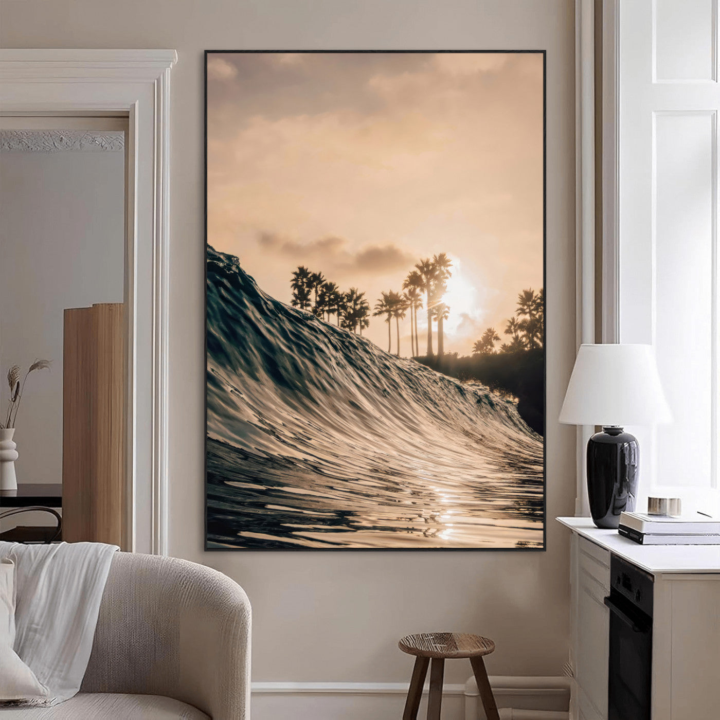 Golden sunset view of an ocean wave curling near palm trees, radiating warm tones perfect for coastal or tropical-themed decor.