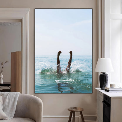 Vibrant ocean canvas of a playful diving splash, ideal for coastal or beach-themed interiors with a lively summer vibe.
