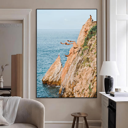 Canvas wall art capturing a bold cliff diving sequence into turquoise waters, perfect for vibrant and adventurous coastal or sporty interiors.