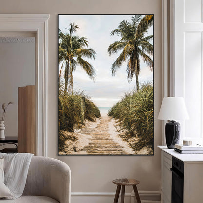 Canvas wall art of a tropical beach path with palm trees and dune grass, ideal for coastal entryways or tropical-inspired home decor.