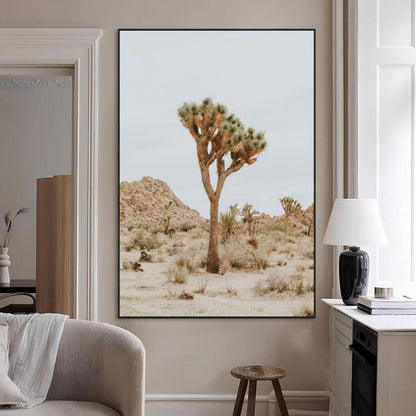 Canvas of a Joshua Tree in neutral desert tones under soft light, ideal for southwestern minimalist or rustic nature-inspired home decor.
