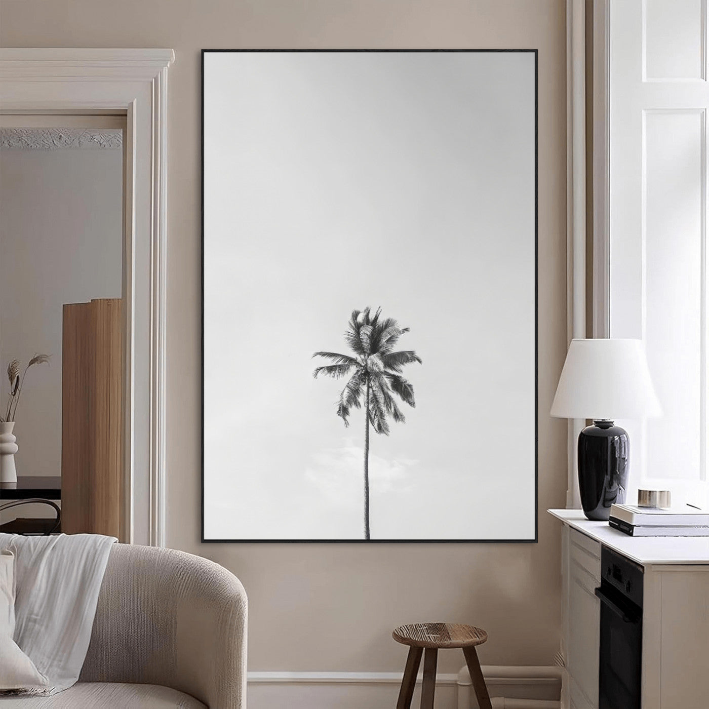 Canvas of a single palm tree in black and white with minimalist sky, ideal for modern coastal minimalist or tropical-inspired home decor.