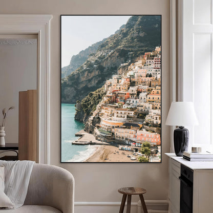 Canvas of colorful cliffside homes in Positano along the Amalfi Coast with warm tones, perfect for Mediterranean coastal or European-inspired home decor.