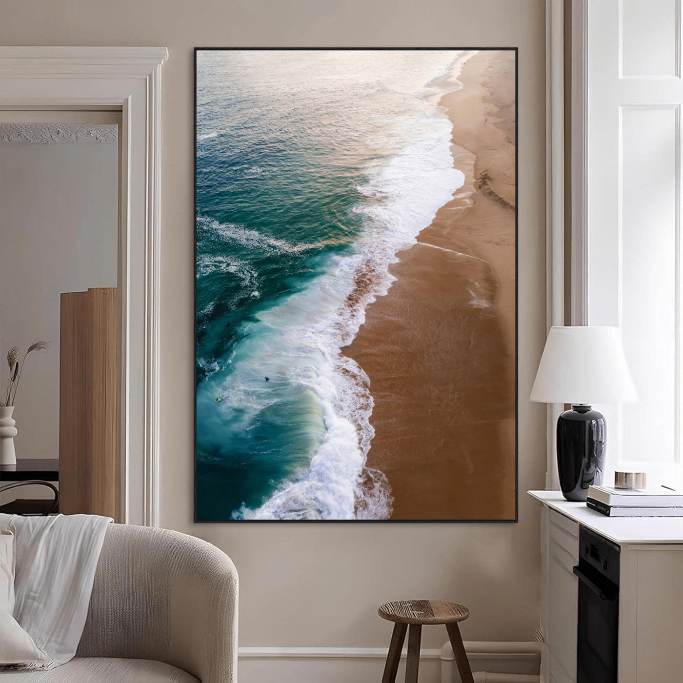 Canvas of a dreamy aerial beach scene with turquoise waves and soft sunset tones, ideal for modern coastal or minimalist home decor.