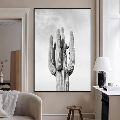 Canvas of a tall saguaro cactus in black and white with moody tones, perfect for southwestern minimalist or modern desert-themed home decor.