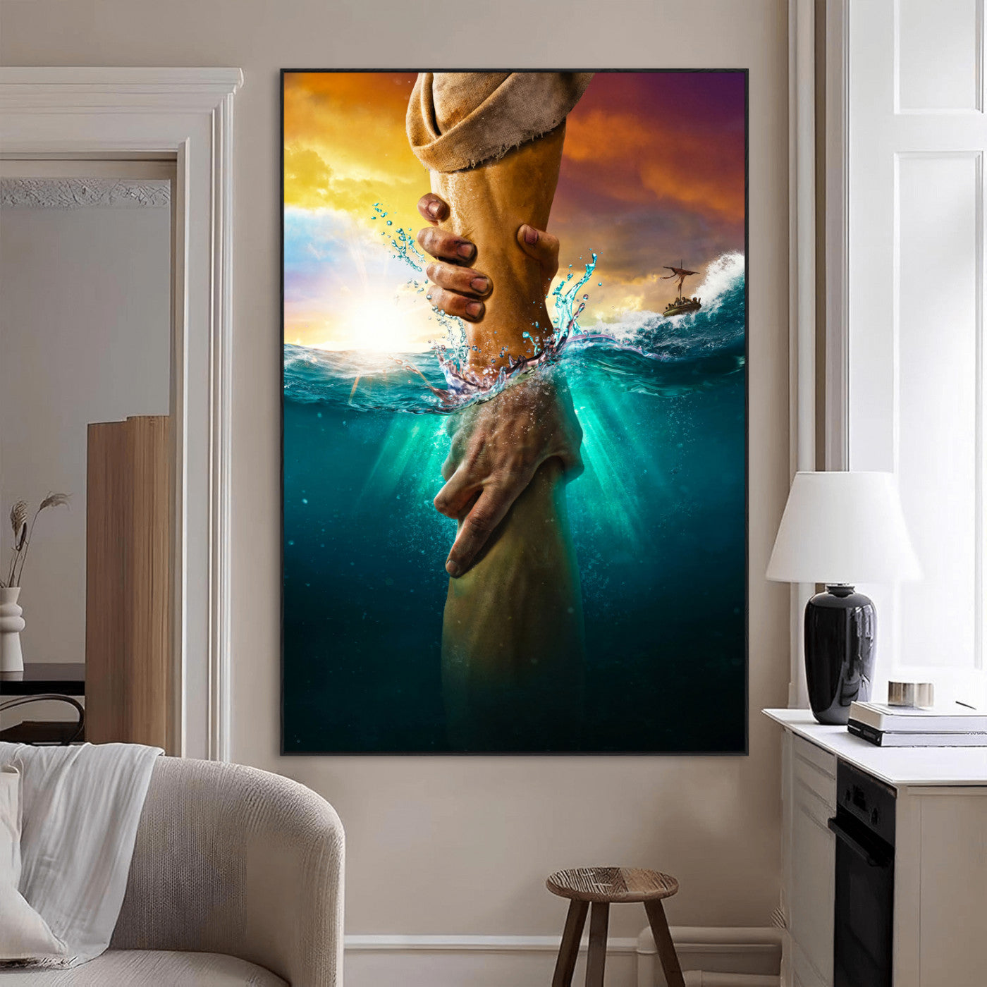 A dramatic scene of a hand reaching underwater and being lifted, symbolizing rescue and faith, ideal for spiritual or Christian wall decor.