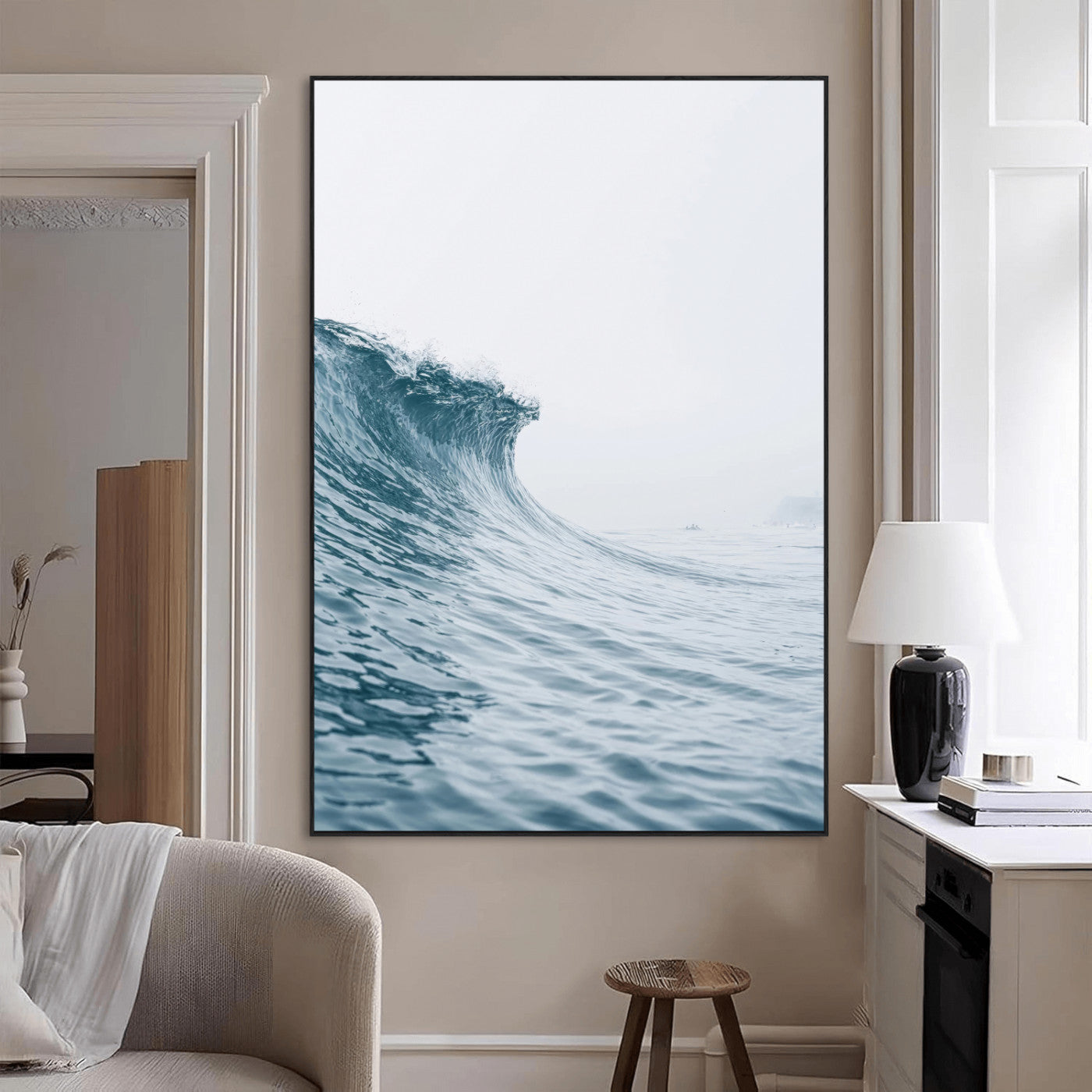 A single ocean wave curling in soft blue tones under a misty sky, ideal for coastal or minimalist home wall decor.