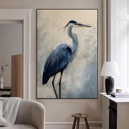 Blue heron standing gracefully on one leg, painted in soft neutrals and cool tones, perfect for modern coastal or nature-inspired decor.