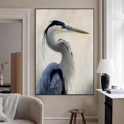 Elegant blue heron in profile with soft brush detail and neutral tones, ideal for nature-themed or coastal minimalist interiors.