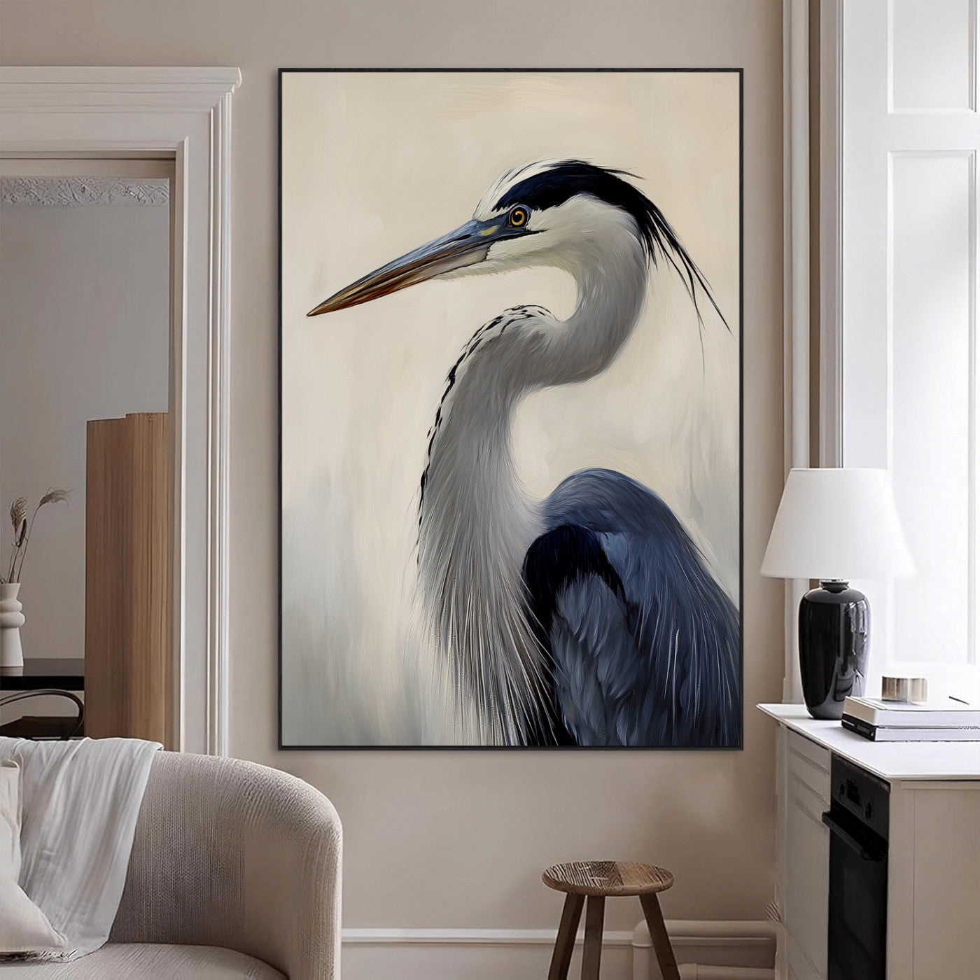 Single blue heron in profile with soft feathers and neutral tones, ideal for tranquil, coastal or nature-inspired interior settings.