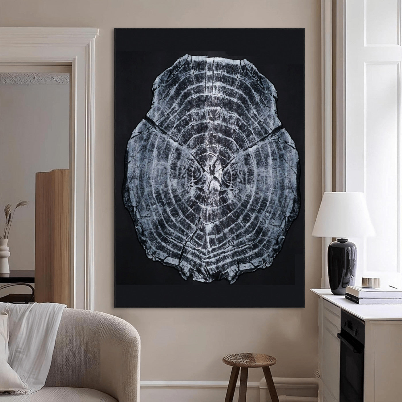 Monochrome tree ring cross-section on black background, showing detailed growth lines, perfect for modern rustic or minimalist interiors. (