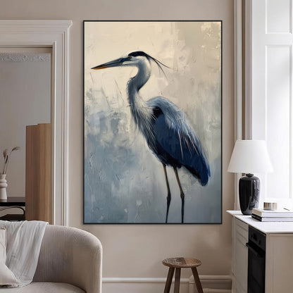 Elegant heron bird standing tall with soft brushstroke texture and muted tones, perfect for coastal or nature-themed home decor.