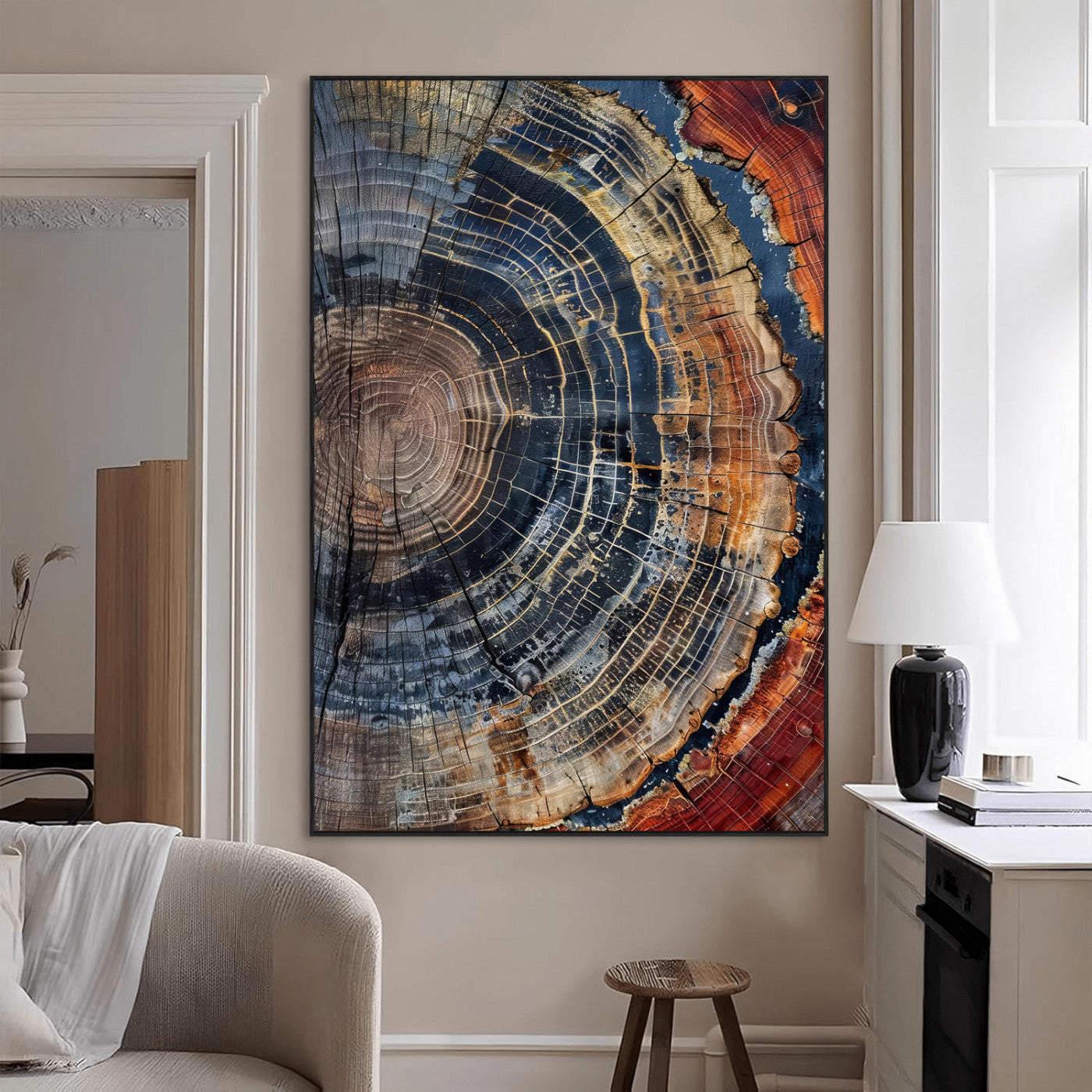Close-up of a tree ring cross-section showing detailed growth rings in earthy tones, perfect for rustic or nature-inspired home decor.