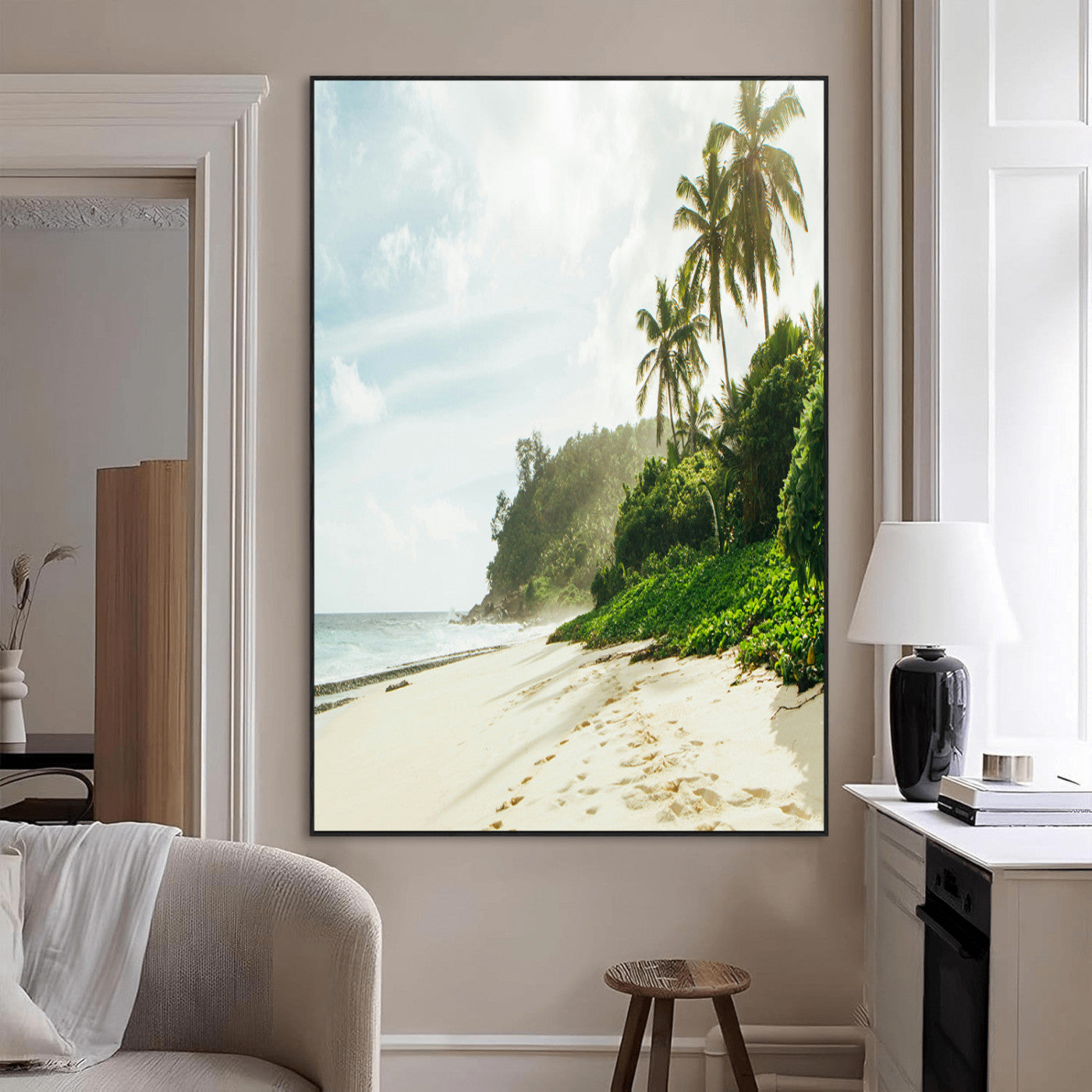 A tropical beach with palm trees, soft sand, and ocean waves under a bright sky, creating a peaceful and relaxing coastal view.