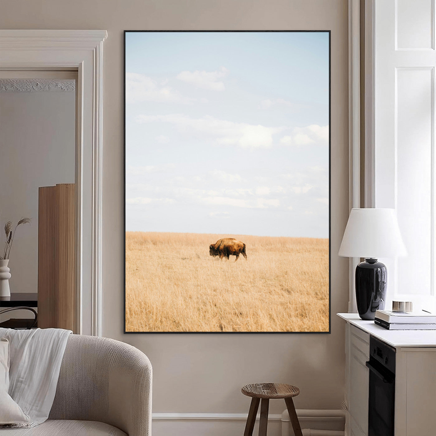 Minimalist Nature Wall Art Canvas Print, Framed Bison In Grassland Art Picture Print, Open Field Perfect Modern Ranch Decor Decor Artwork