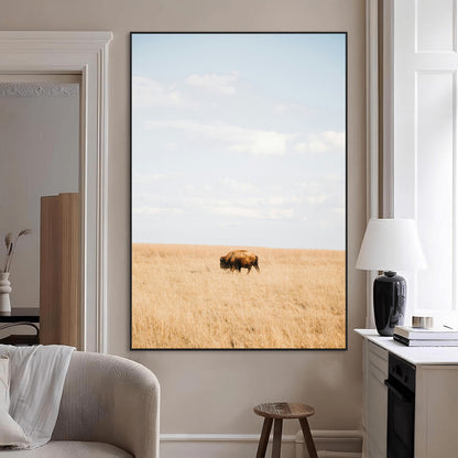 Minimalist Nature Wall Art Canvas Print, Framed Bison In Grassland Art Picture Print, Open Field Perfect Modern Ranch Decor Decor Artwork
