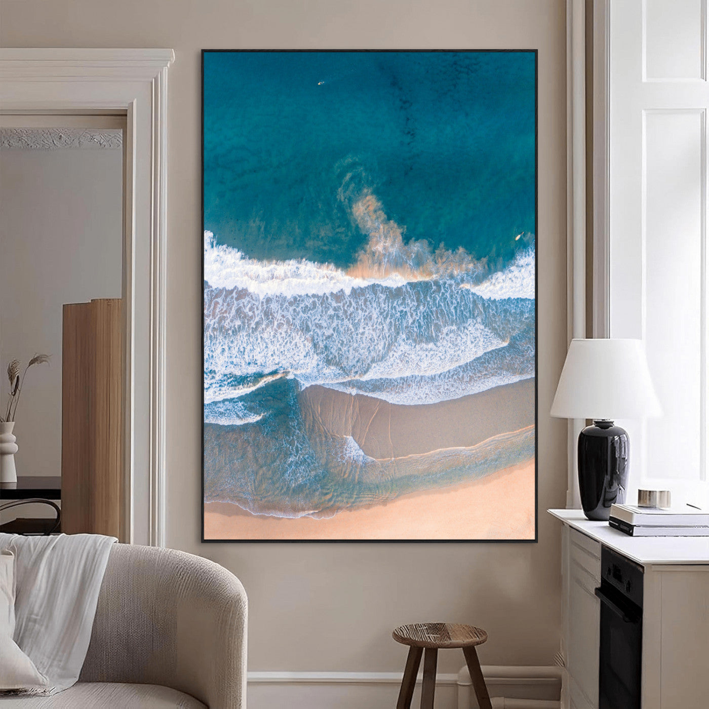 -Aerial Beach View Wall Art Canvas Print, Framed Ocean Waves Art Picture Print, Coastal Serenity Perfect Coastal Minimalist Decor Artwork