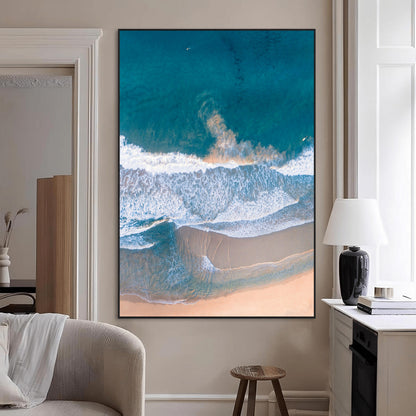 -Aerial Beach View Wall Art Canvas Print, Framed Ocean Waves Art Picture Print, Coastal Serenity Perfect Coastal Minimalist Decor Artwork