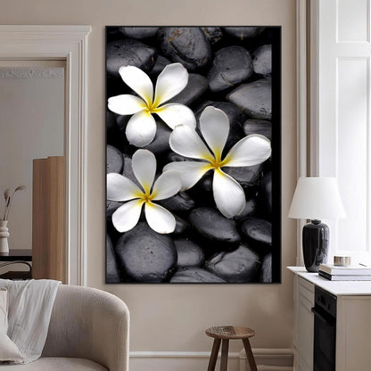 Large Wall Art White Flowers on Black Zen Meditation Stones Vertical Canvas Print