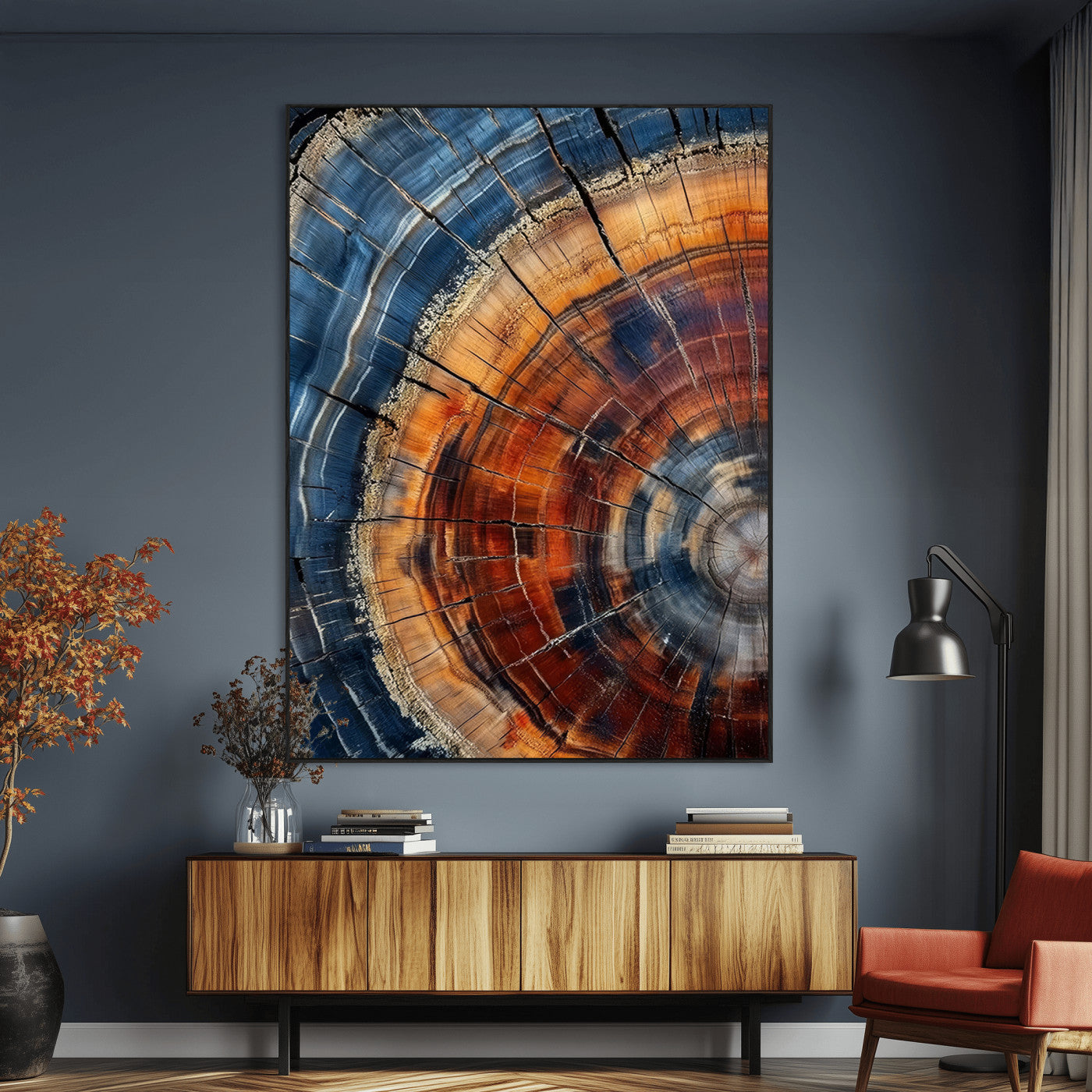 Canvas of colorful tree rings in rich blue and warm orange hues with cracked natural texture, ideal for rustic or earthy decor styles.