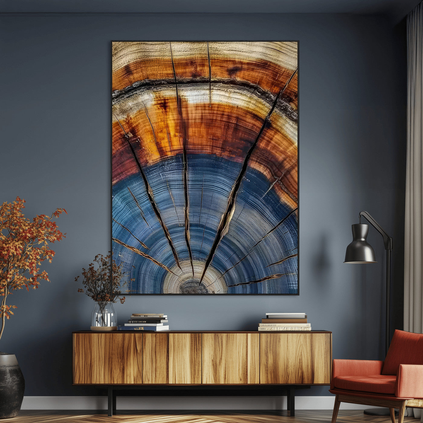 Canvas of a tree ring with bold blue and orange hues and cracked radial lines, ideal for rustic or earthy modern interiors.