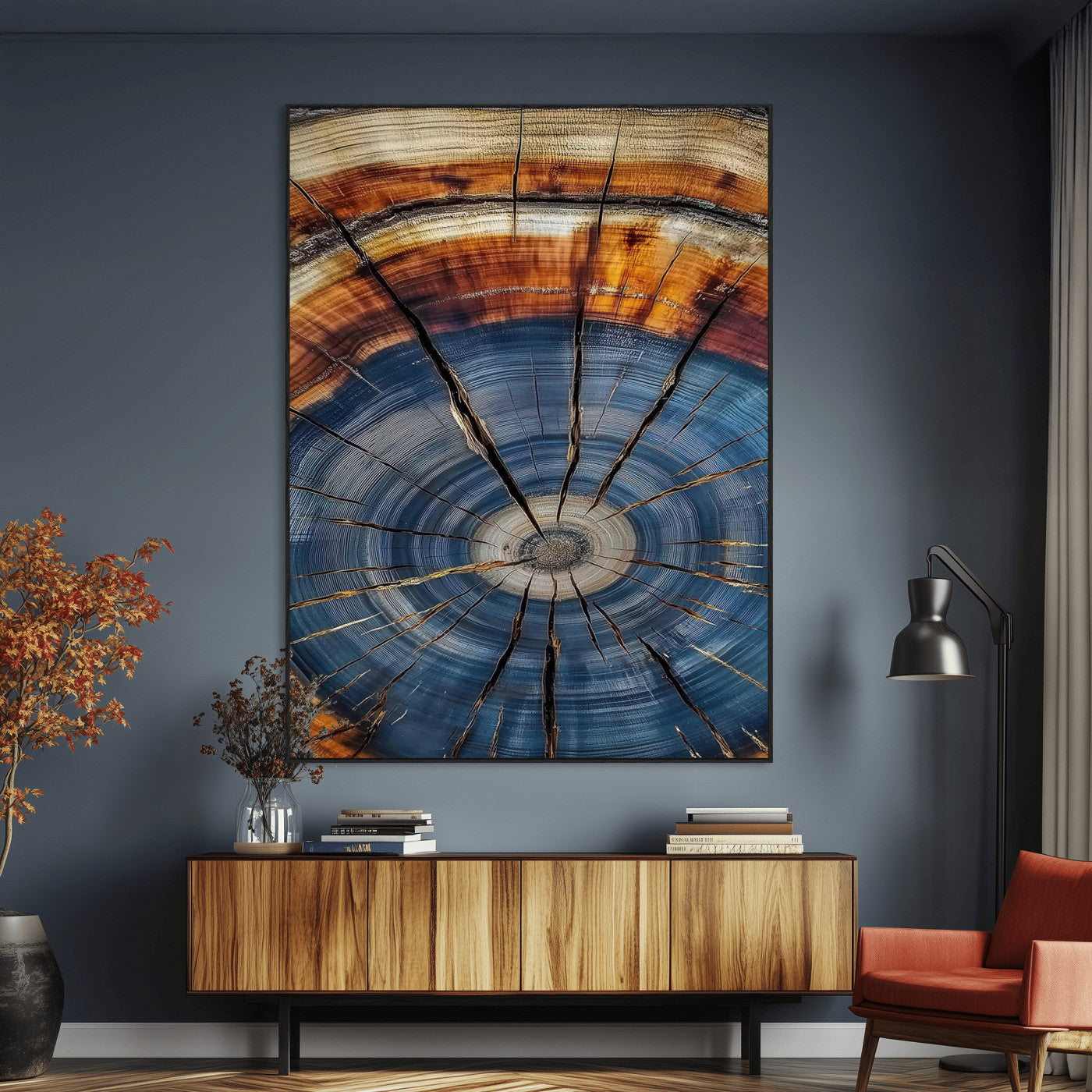 Canvas of a tree ring with bold blue and orange hues and cracked radial lines, ideal for rustic or earthy modern interiors.