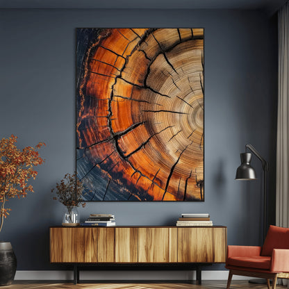 Canvas of a cracked tree ring with warm burnt orange tones and dark edges, ideal for rustic or earthy home decor themes.