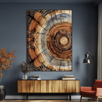 Canvas of tree rings and natural wood grain in earthy tones, ideal for rustic or vintage-inspired home decor with organic textures.