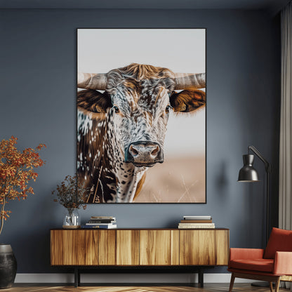 Canvas of a speckled Texas longhorn with wide curved horns and warm tones, perfect for rustic or country-style wall decor.