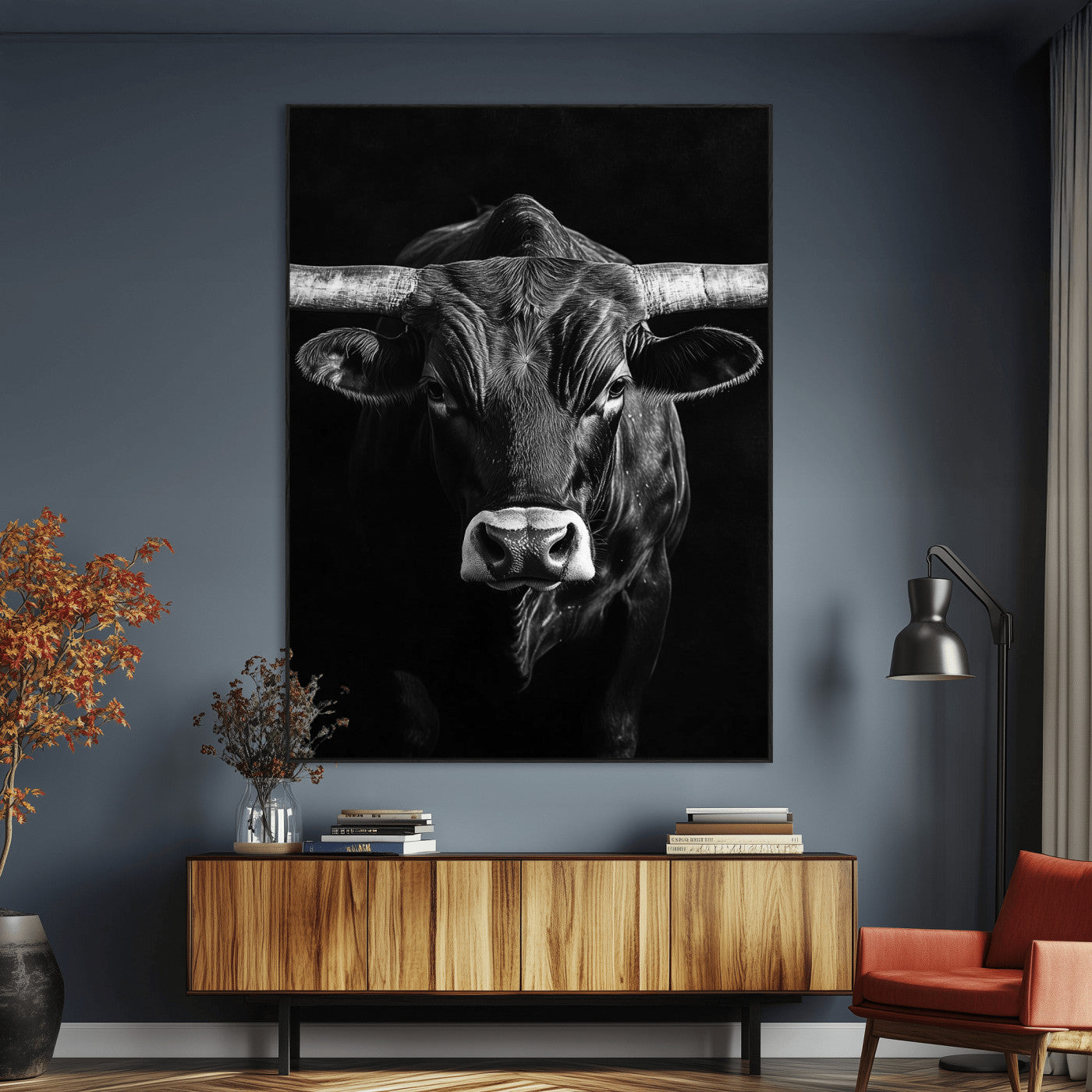 Canvas of a Texas longhorn in black and white with dramatic lighting and bold contrast, ideal for rustic or modern western wall decor.